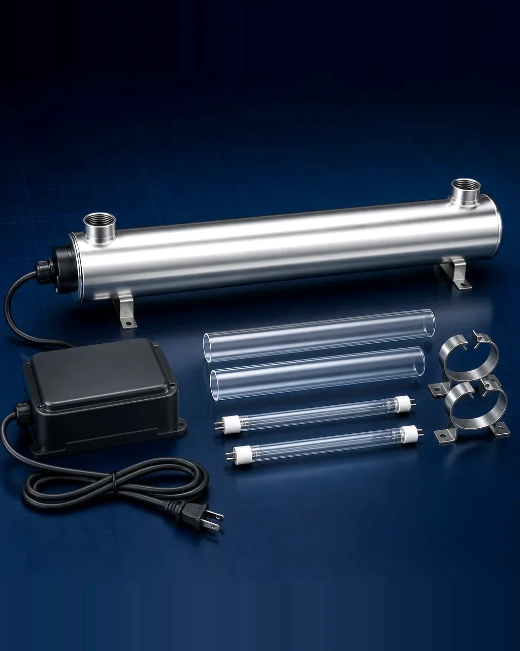 Whole-house ultraviolet purifier: stainless steel chamber with UV lamps, quartz sleeves, ballast and mounting clamps