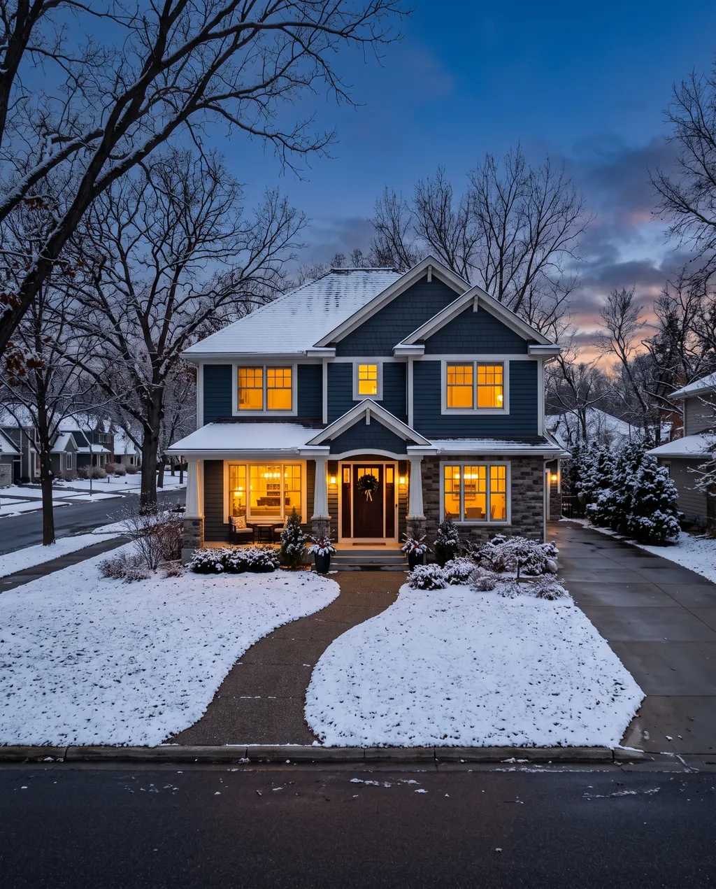A Minnesota home in winter at dusk