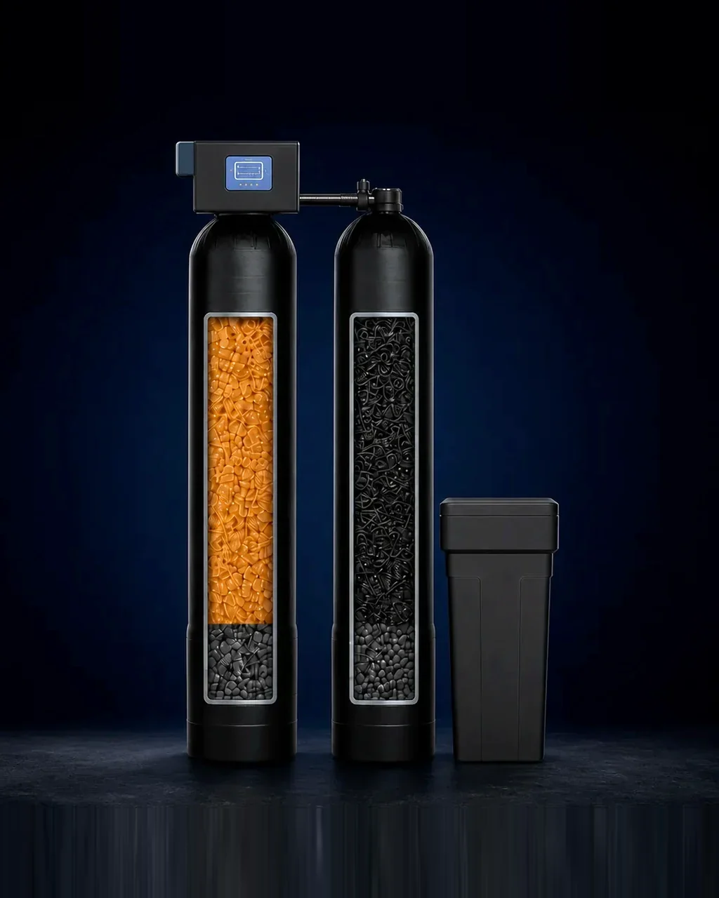 Dual Tank Whole Home Water Filtration System: softening resin tank and carbon filtration tank cutaways with brine tank