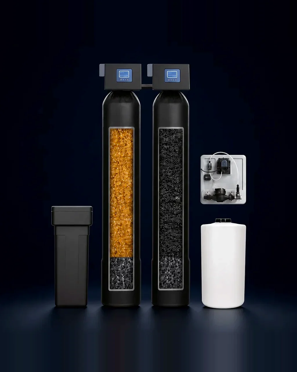 Iron & Sulfur Treatment System: hydrogen peroxide injection panel, holding tank, carbon and softening tanks