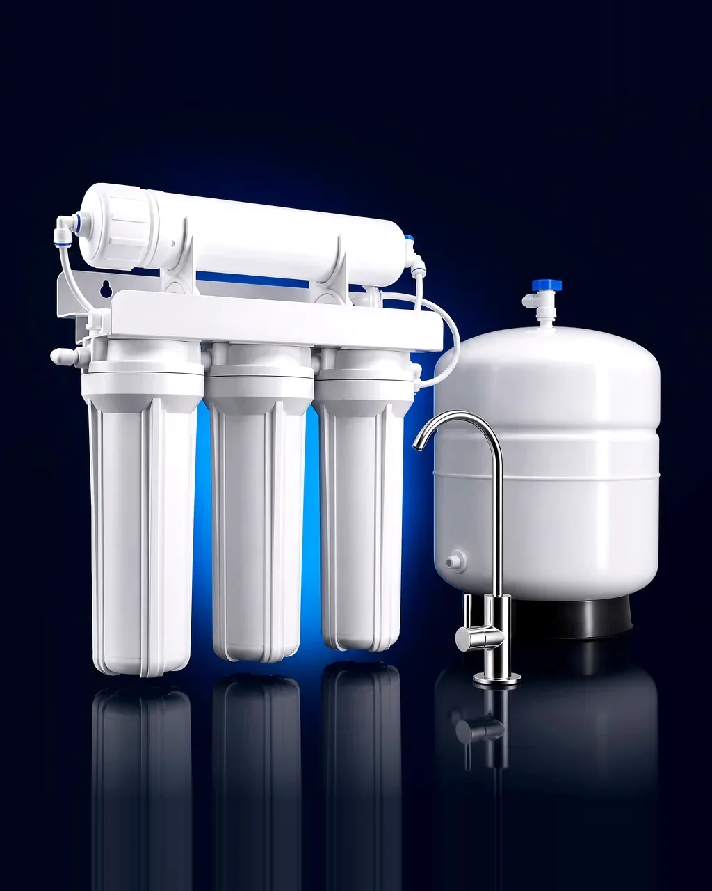 Tank reverse osmosis system: multi-stage filter bank with pressurized storage tank and chrome faucet