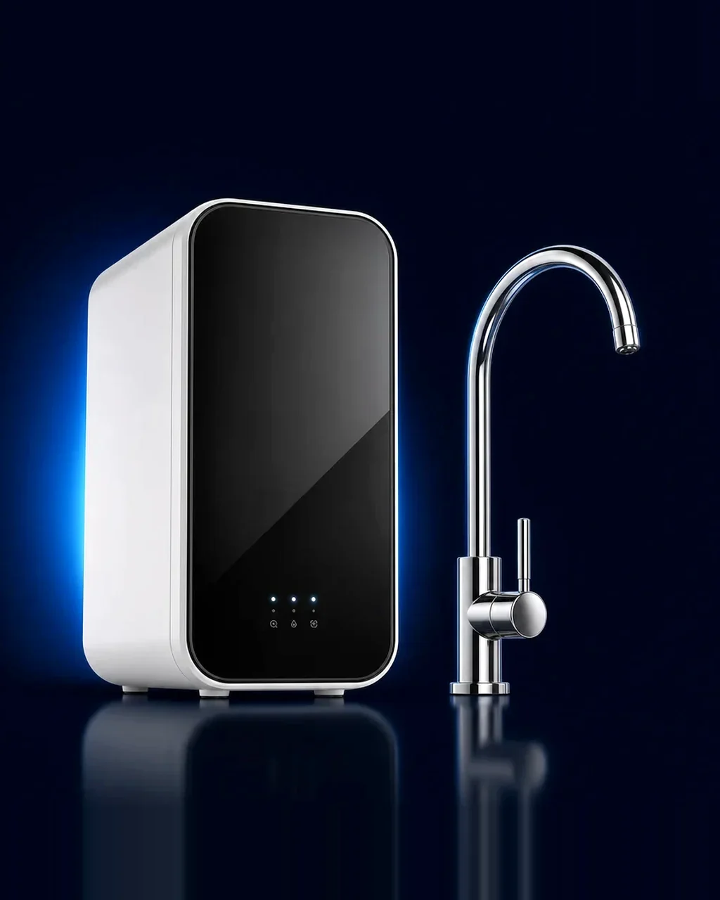 HW800 AlkaPro tankless reverse osmosis unit, white with black front panel, next to a chrome drinking-water faucet