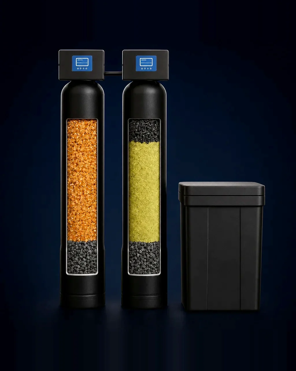 MSP Pure Water dual tank well-water system: softening resin tank and Katalox Light media tank cutaways with brine tank