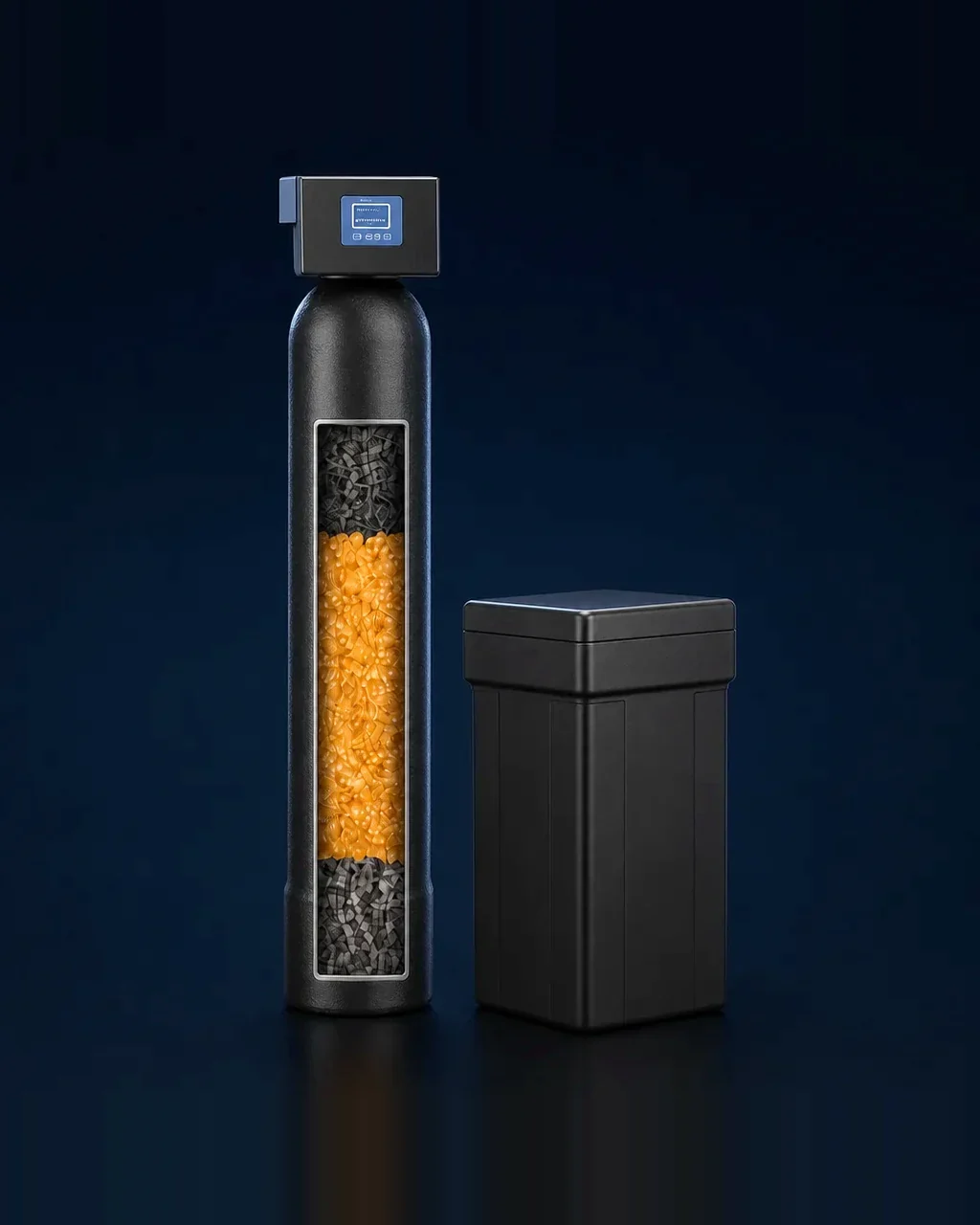 MSP Pure Water whole-home filtration and softening system: single media tank cutaway showing carbon, softening resin and polishing gravel, with brine tank